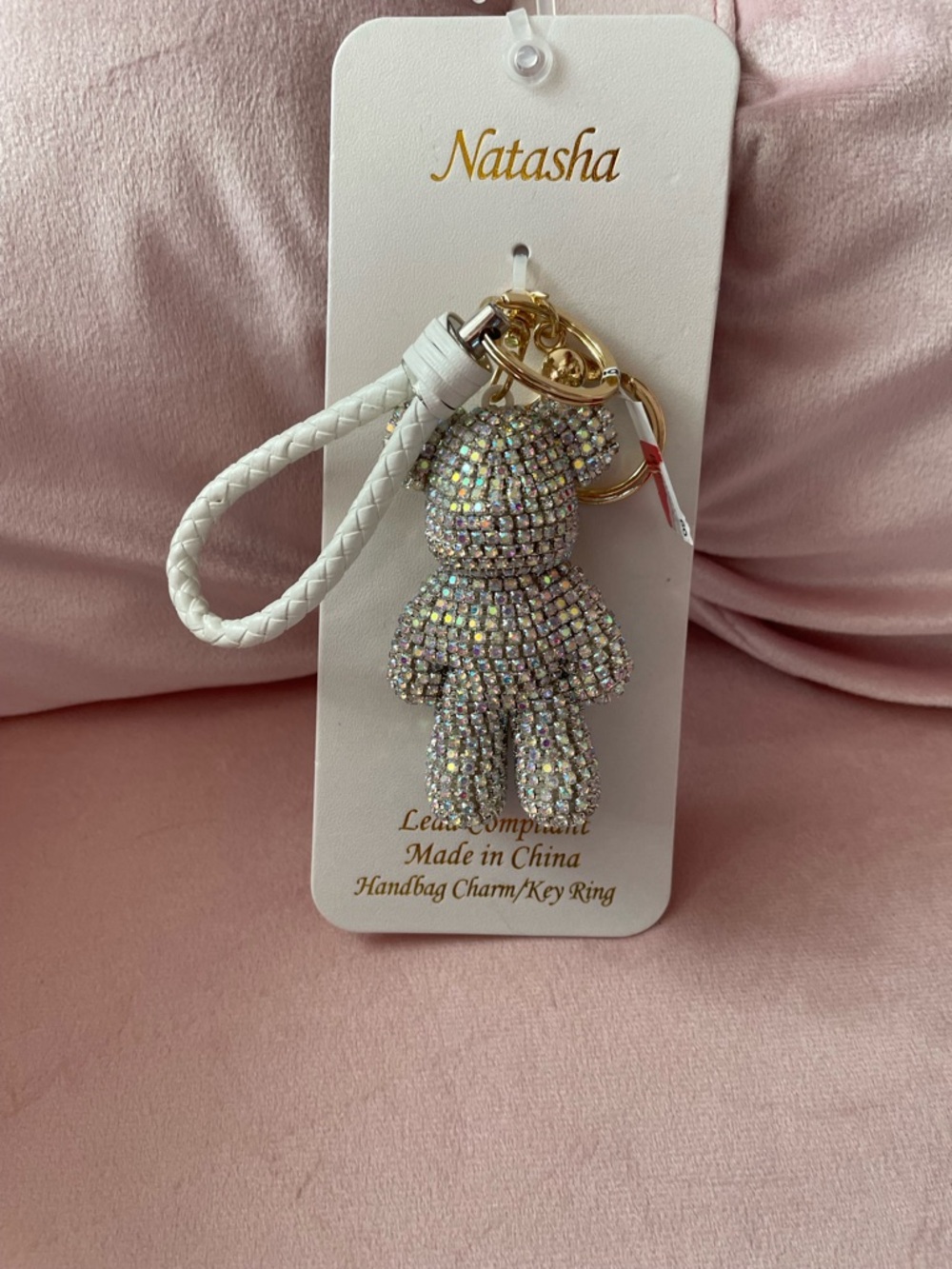 Natasha Denona Iridescent Crystal Teddy Bear Key Charm with White Braided Strap